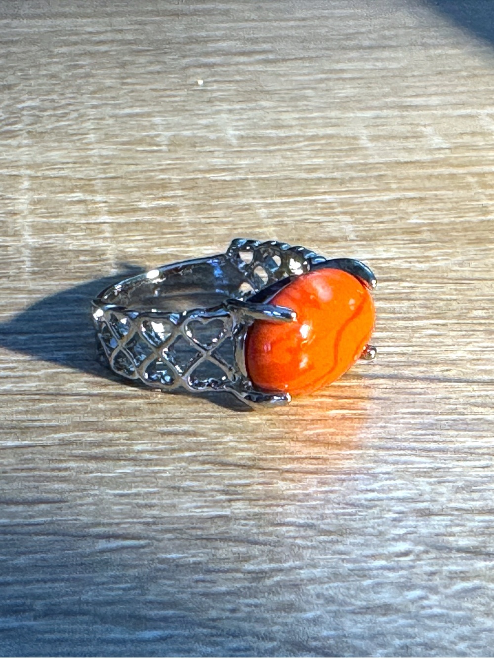 Gemstone Orange and Silver Heart Design Band Statement Ring - Women Jewelry - Picture 5 of 7